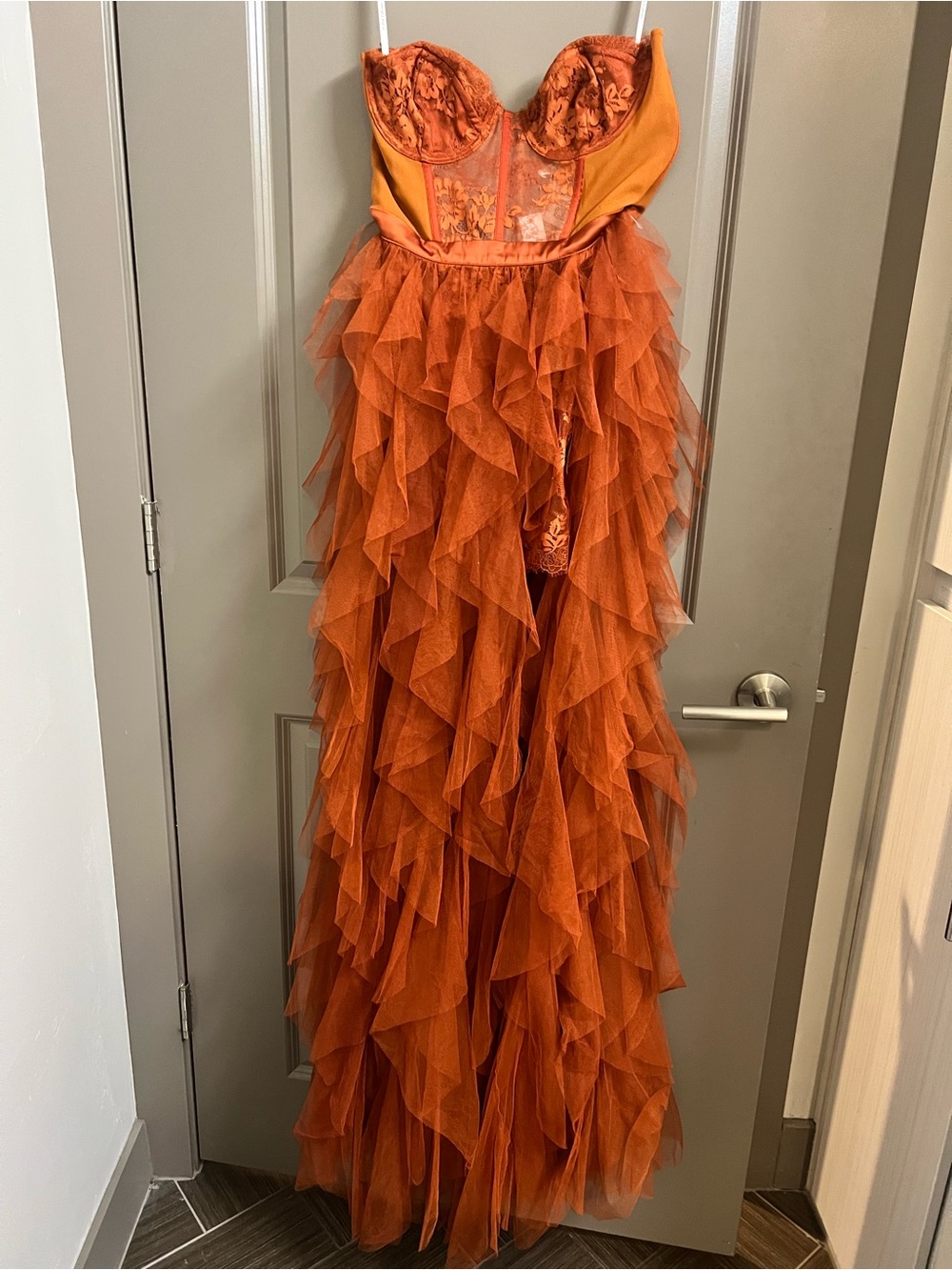 For Love And Lemons Rust Orange Strapless Ruffled Tulle Gown - Picture 2 of 7